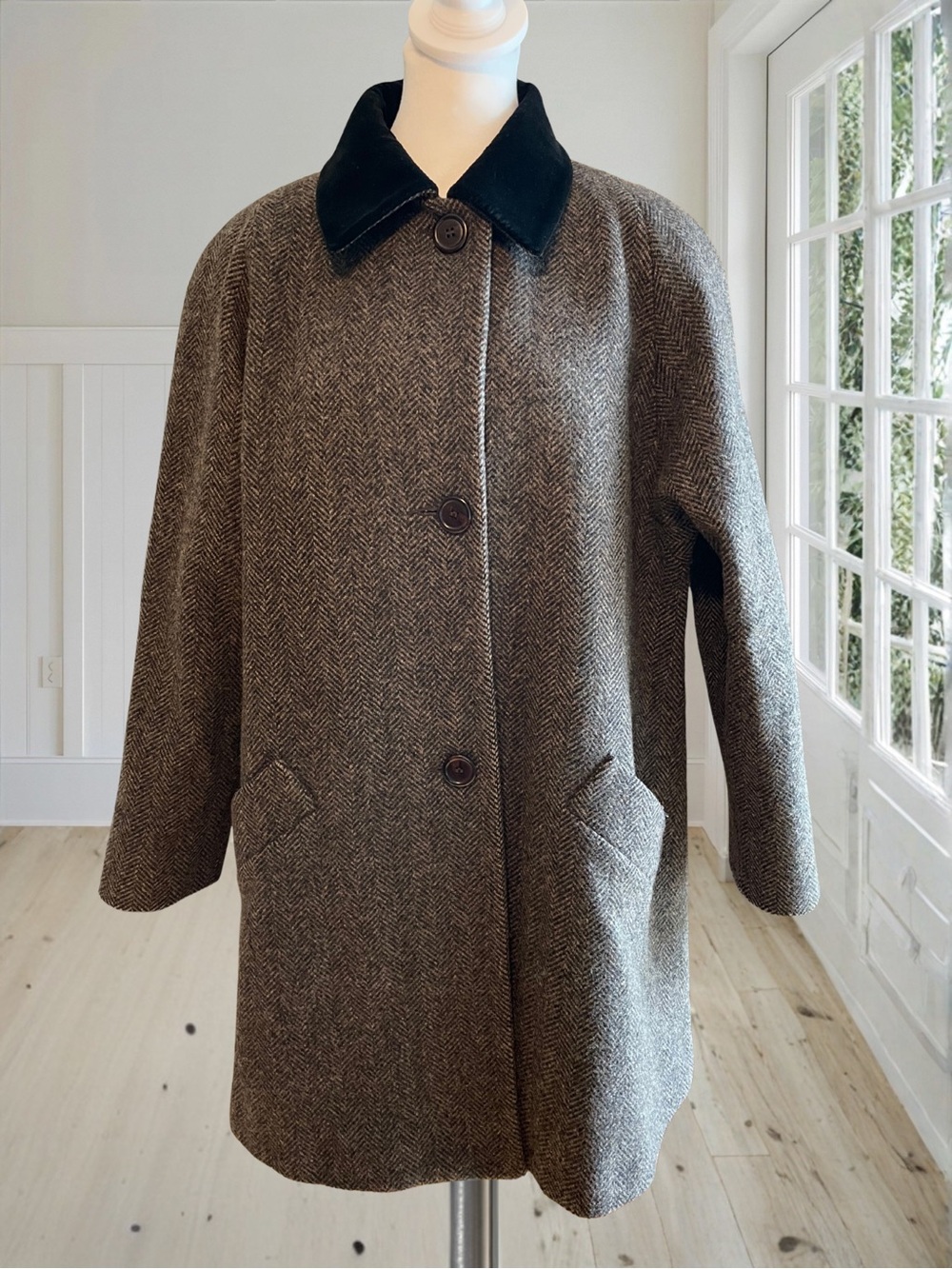 JONES NEW YORK Vintage Wool Tweed Velvet Collar Coat Women's L XL Herringbone 80 - Picture 2 of 16